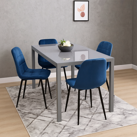 Modern Grey Glass Dining Table Set with 4 blue velvet Chairs Dining Room Furniture