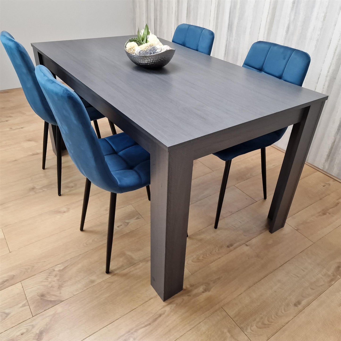 Dining Table and 4 Chairs  Black Dark Grey Blue Velvet Chairs Wood Dining Set Furniture