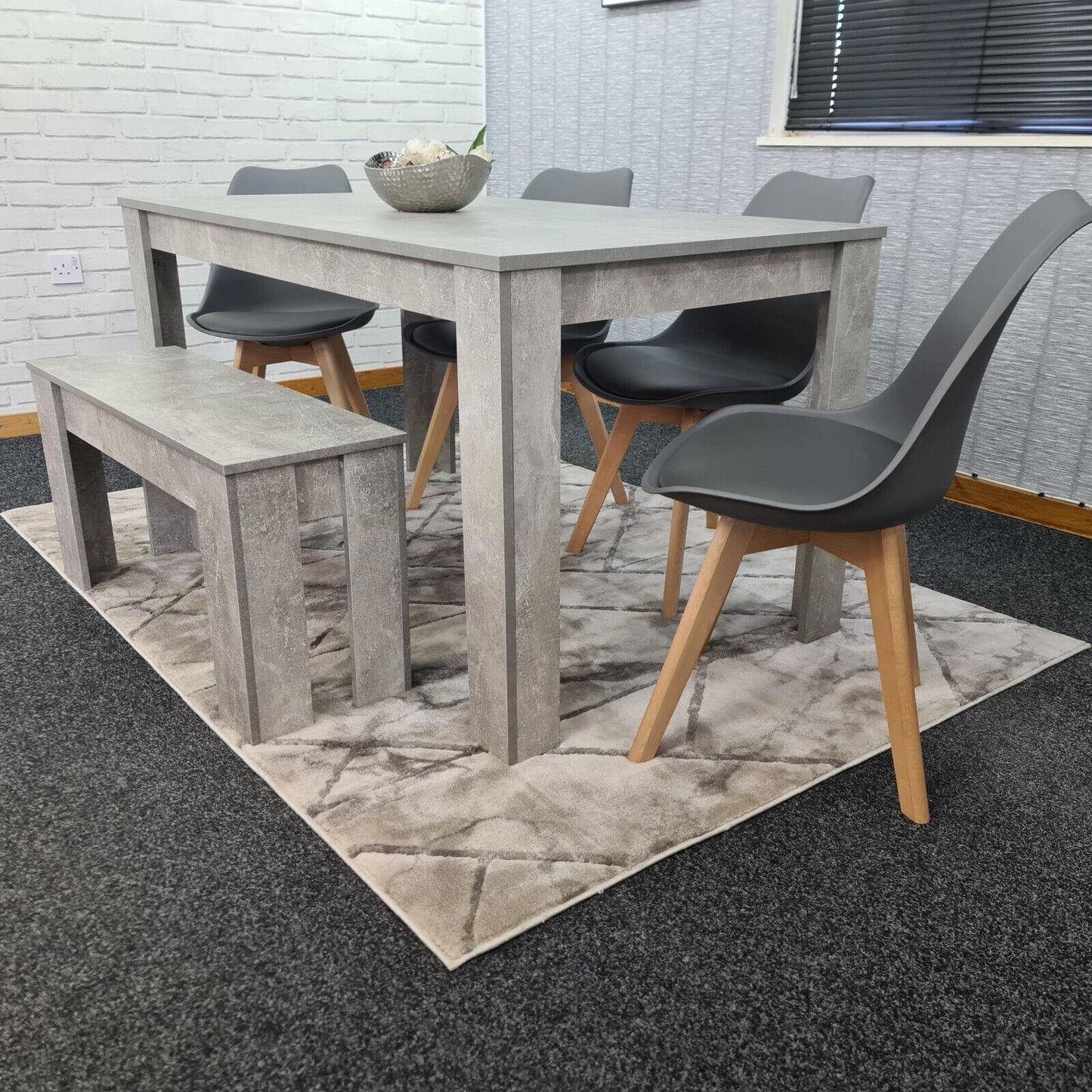 Dining Table and 4 Chairs With Bench Stone Grey Effect Wood Table 4 Grey Plastic Leather Chairs Dining Room