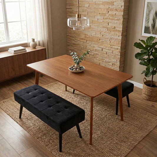 DOUBS Dining Table Set with 2 Black Velvet Benches, Walnut Effect Table 3-Piece Set