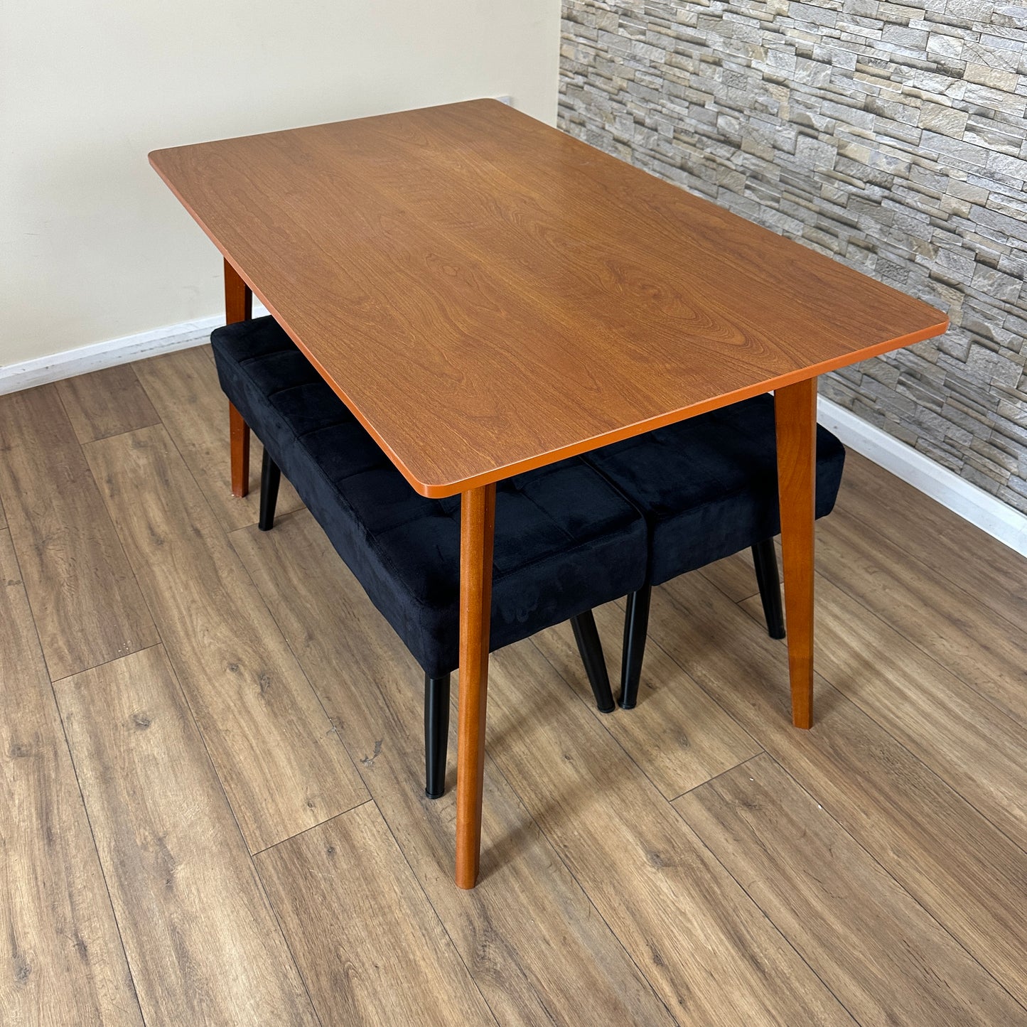 DOUBS Dining Table Set with 2 Black Velvet Benches, Walnut Effect Table 3-Piece Set