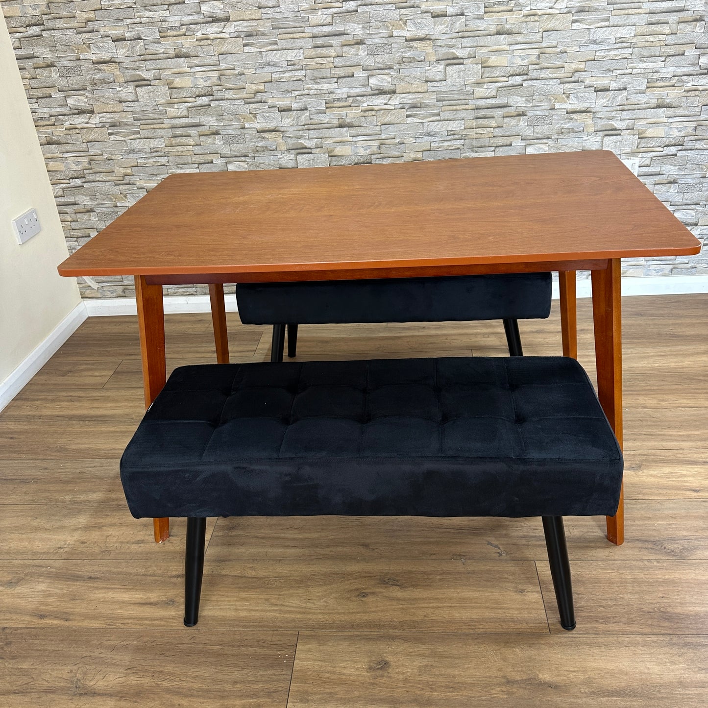 DOUBS Dining Table Set with 2 Black Velvet Benches, Walnut Effect Table 3-Piece Set
