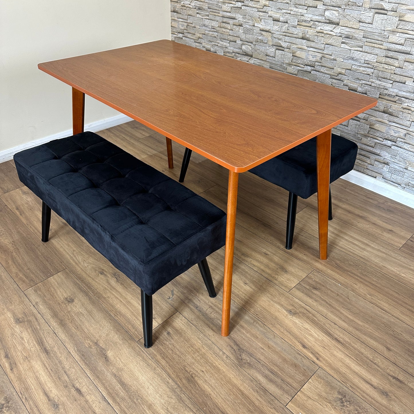 DOUBS Dining Table Set with 2 Black Velvet Benches, Walnut Effect Table 3-Piece Set