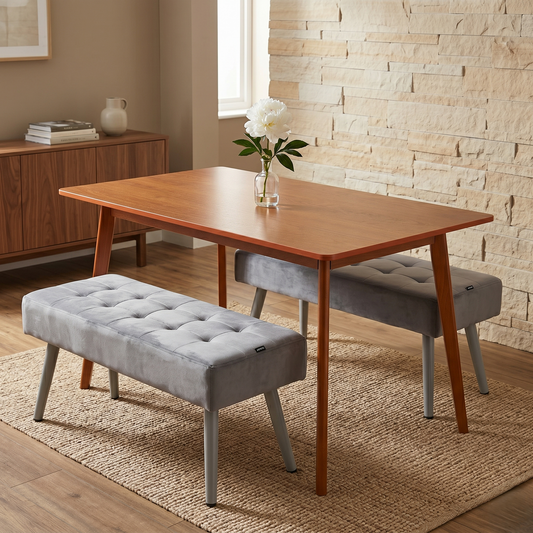 DOUBS Dining Table and 2 Grey Velvet Benches Set, Walnut Effect Finish