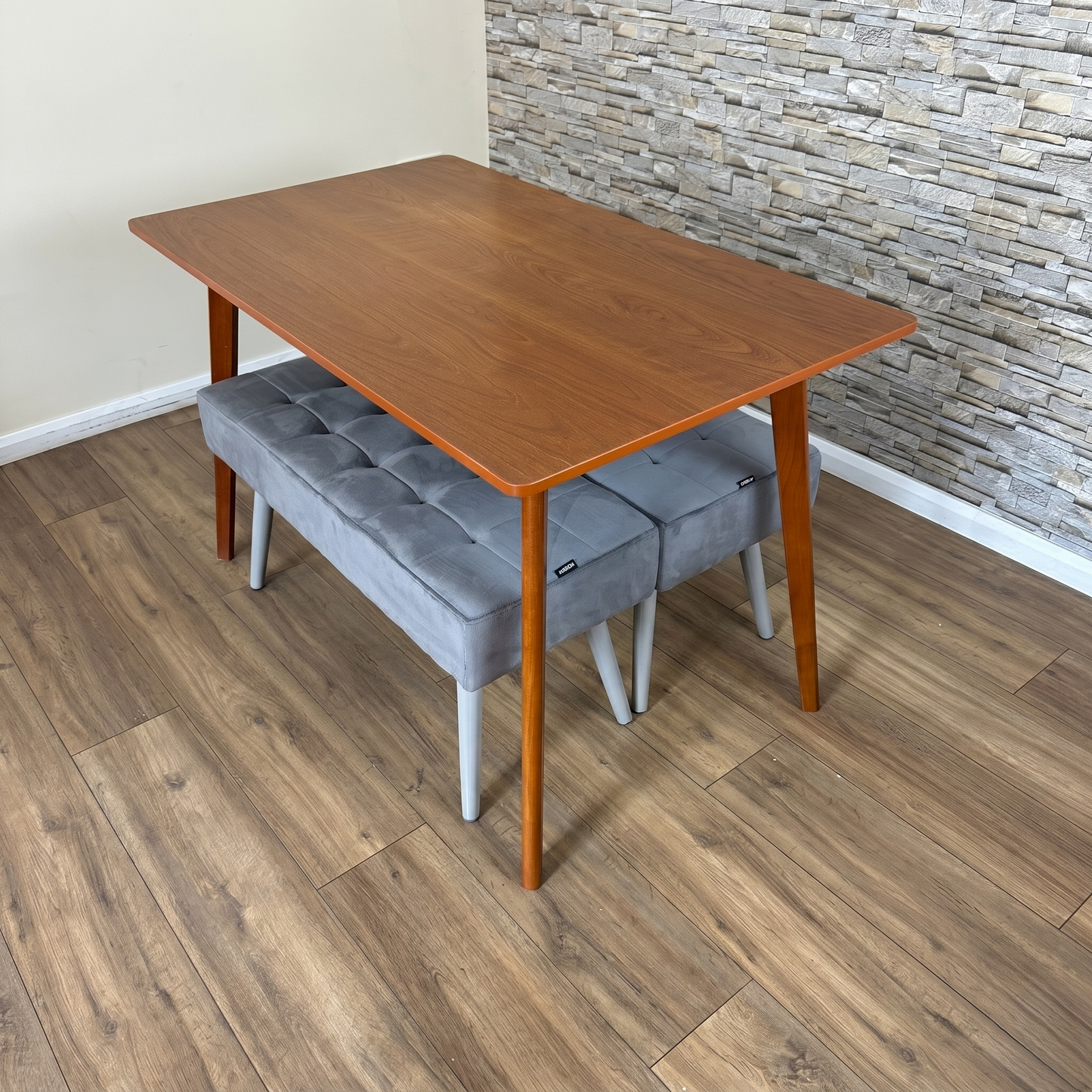 DOUBS Dining Table and 2 Grey Velvet Benches Set, Walnut Effect Finish