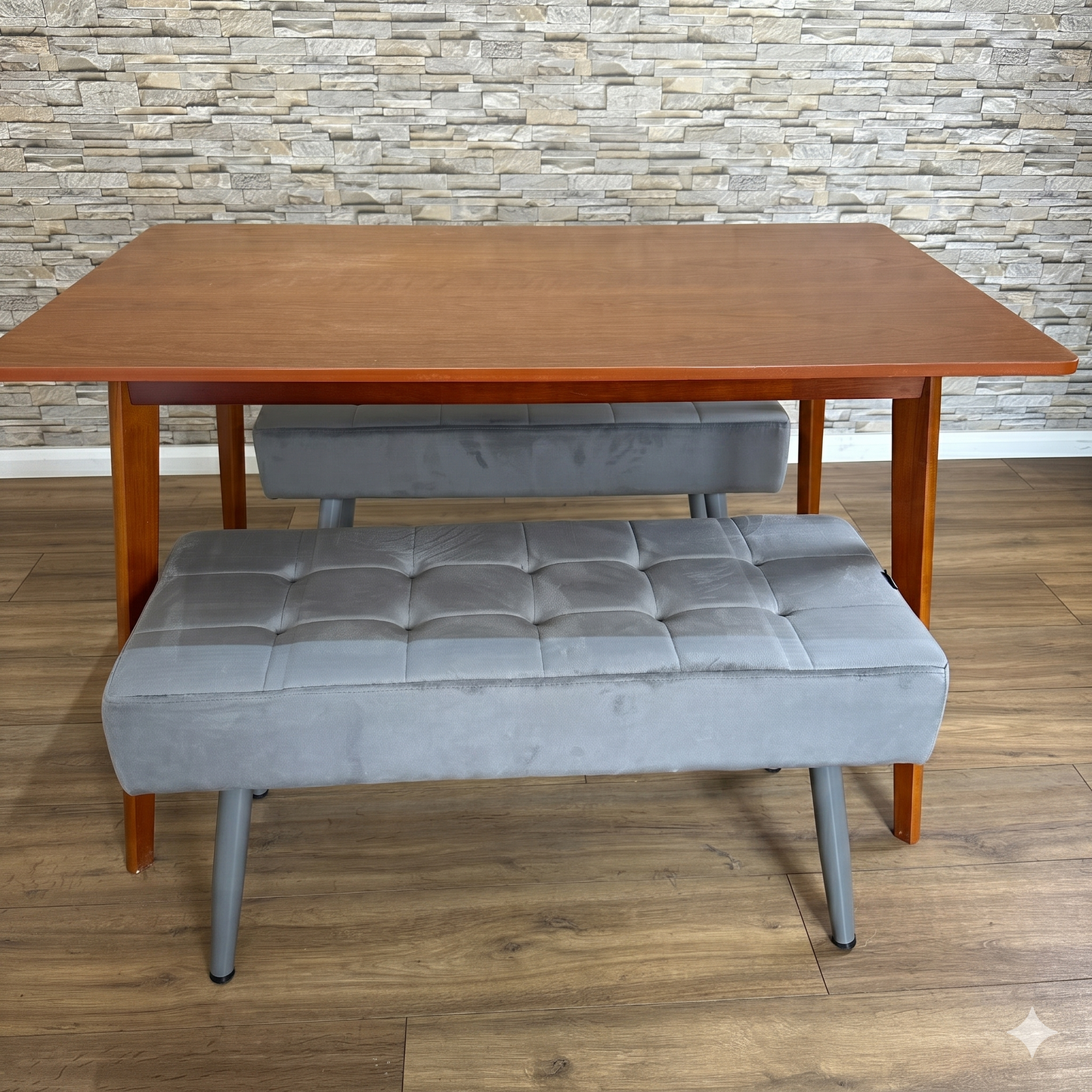 DOUBS Dining Table and 2 Grey Velvet Benches Set, Walnut Effect Finish