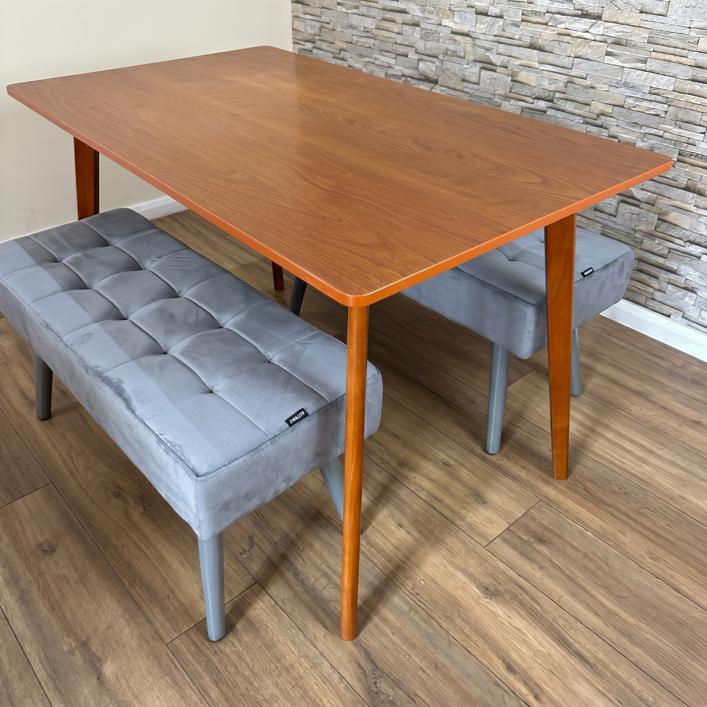 DOUBS Dining Table and 2 Grey Velvet Benches Set, Walnut Effect Finish