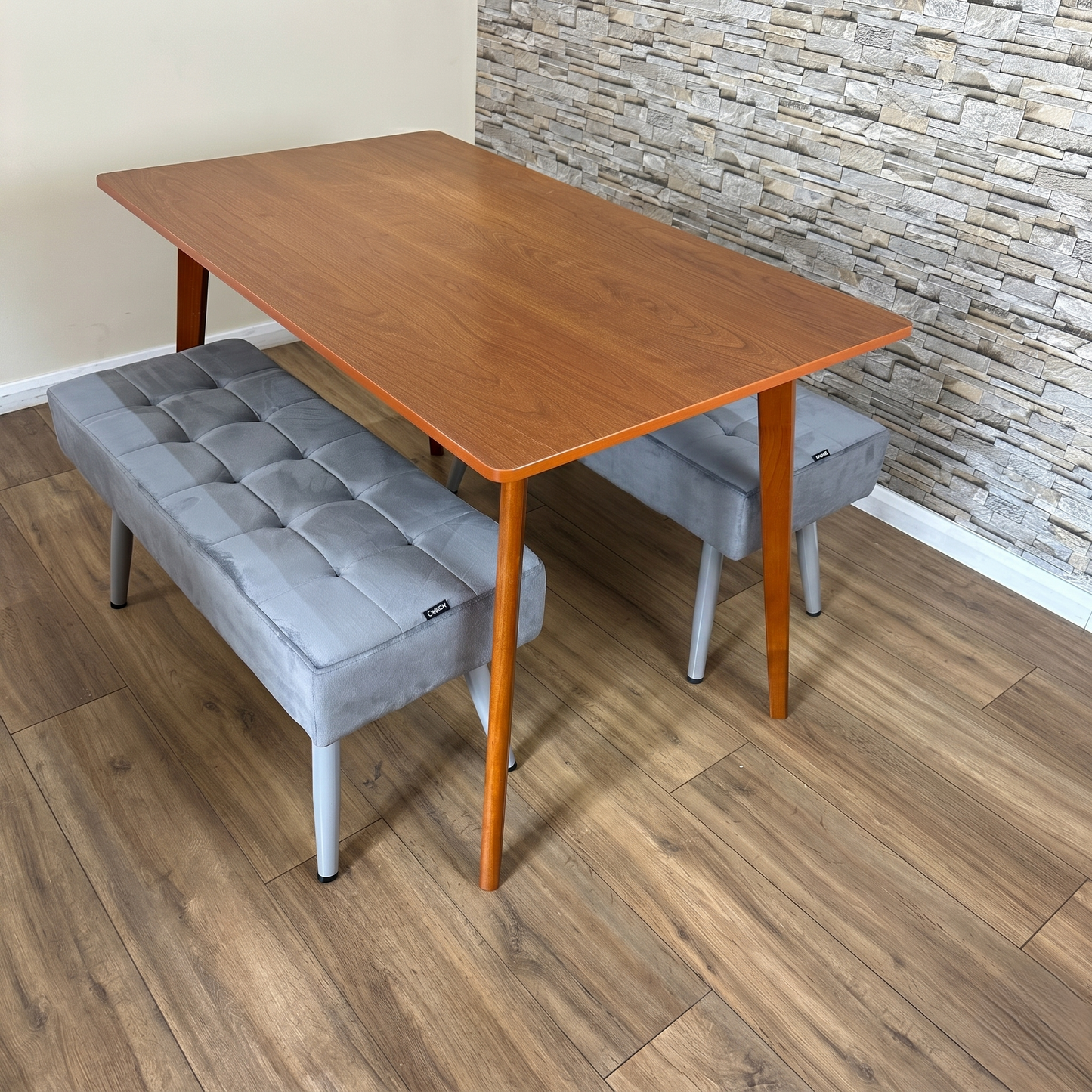DOUBS Dining Table and 2 Grey Velvet Benches Set, Walnut Effect Finish