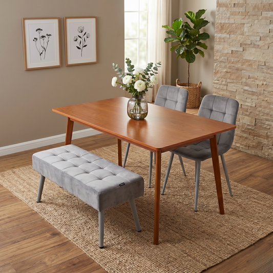DOUBS Dining Table Set with 2 Tufted Grey Velvet Chairs and Bench Walnut Effect Table