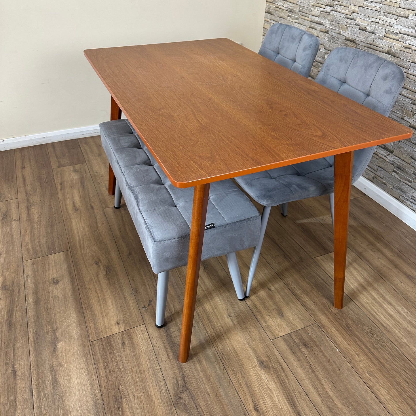 DOUBS Dining Table Set with 2 Tufted Grey Velvet Chairs and Bench Walnut Effect Table