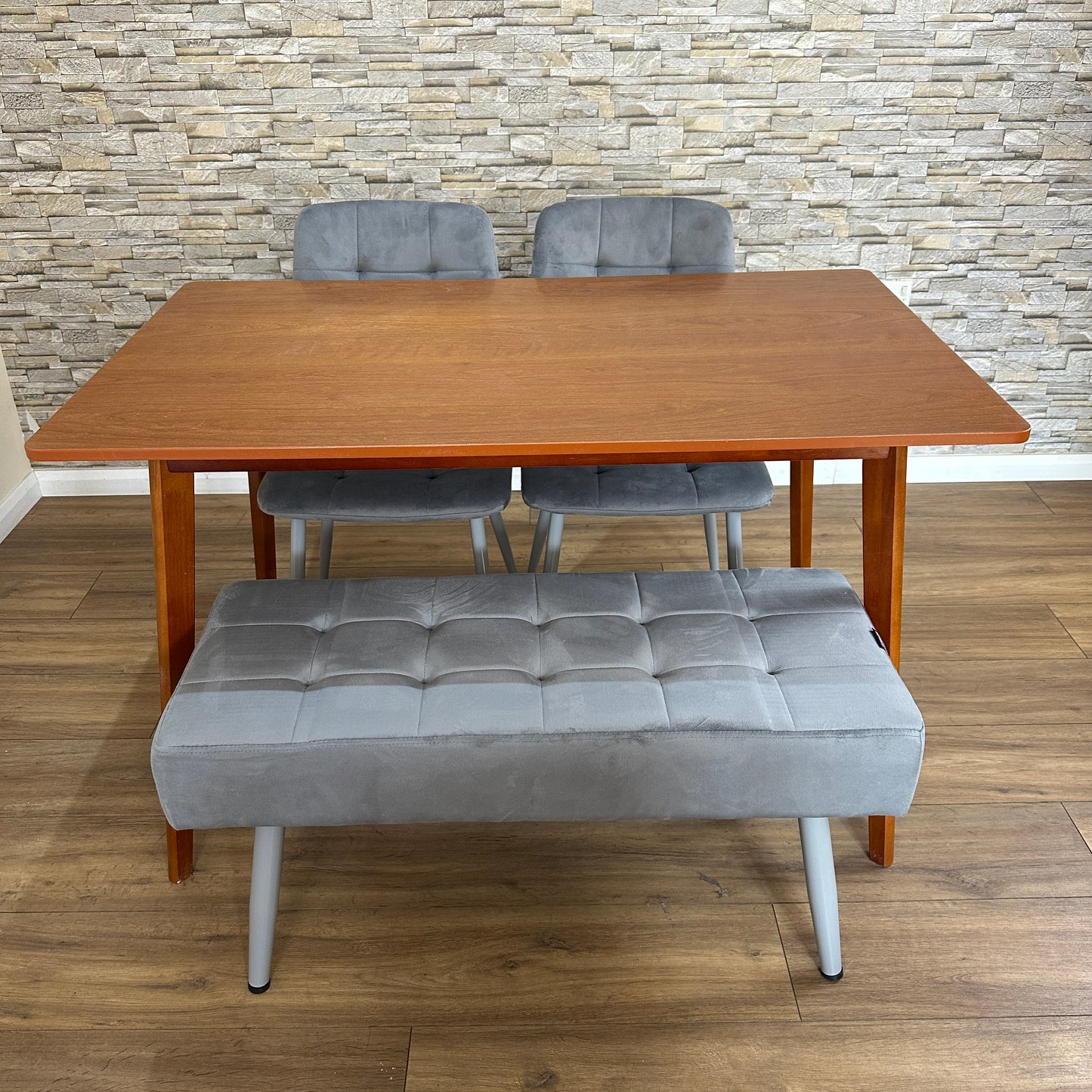 DOUBS Dining Table Set with 2 Tufted Grey Velvet Chairs and Bench Walnut Effect Table