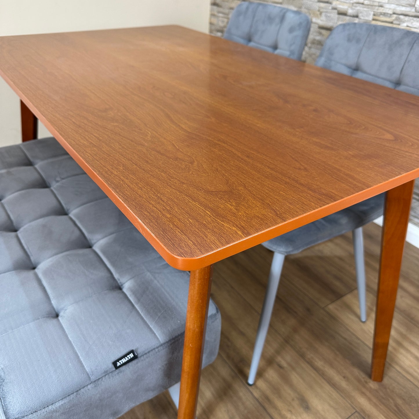 DOUBS Dining Table Set with 2 Tufted Grey Velvet Chairs and Bench Walnut Effect Table