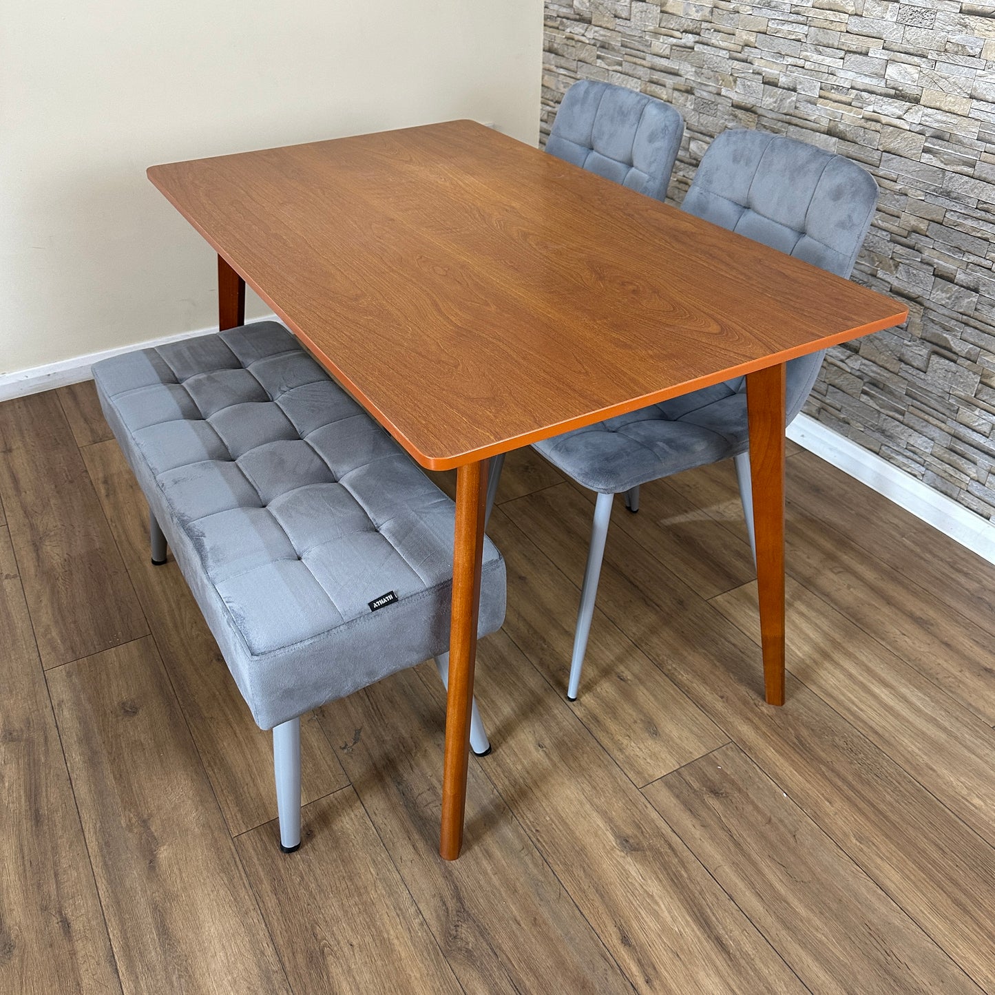 DOUBS Dining Table Set with 2 Tufted Grey Velvet Chairs and Bench Walnut Effect Table