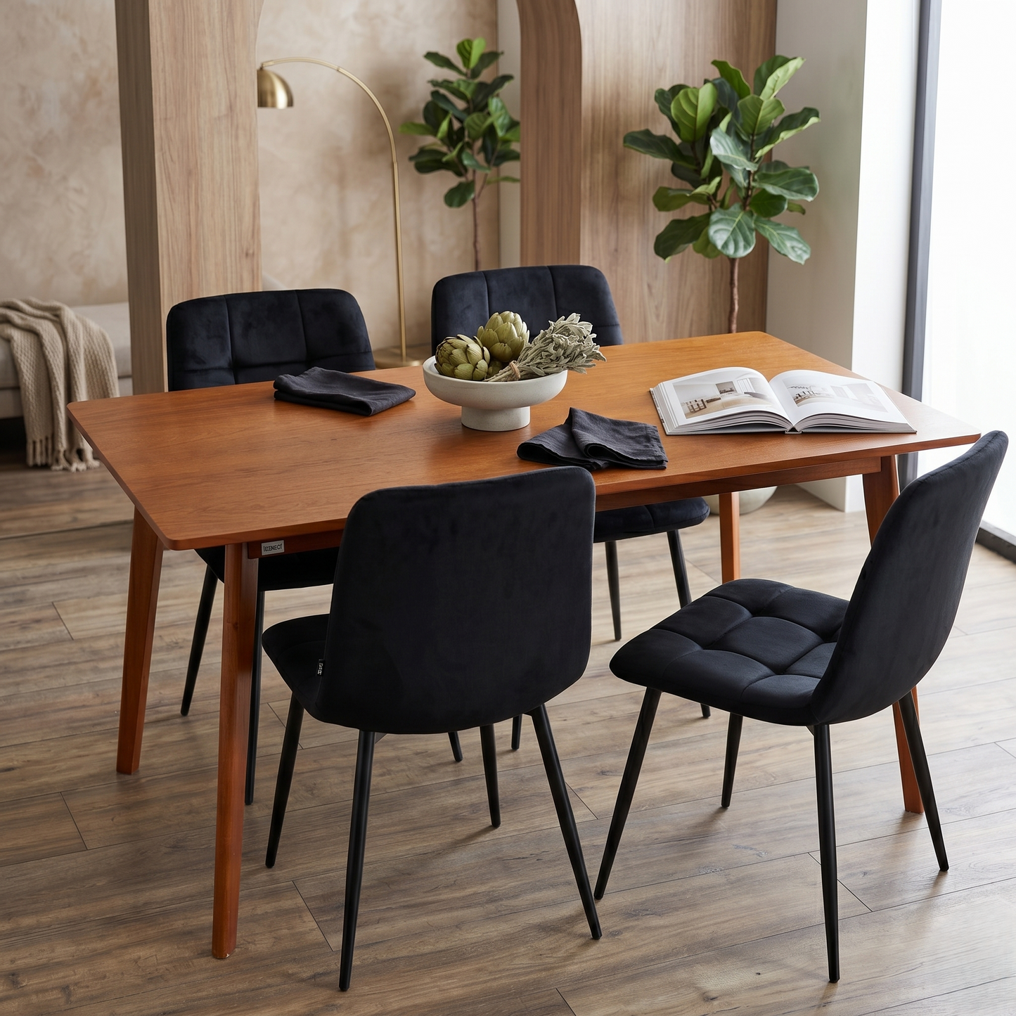 DOUBS Dining Table Set with 4 Black Velvet Chairs, Walnut Effect Table 5-Piece Set