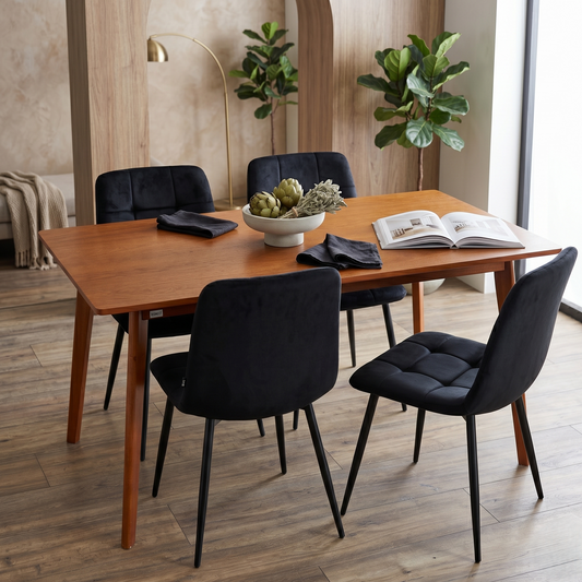 DOUBS Dining Table Set with 4 Black Velvet Chairs, Walnut Effect Table 5-Piece Set