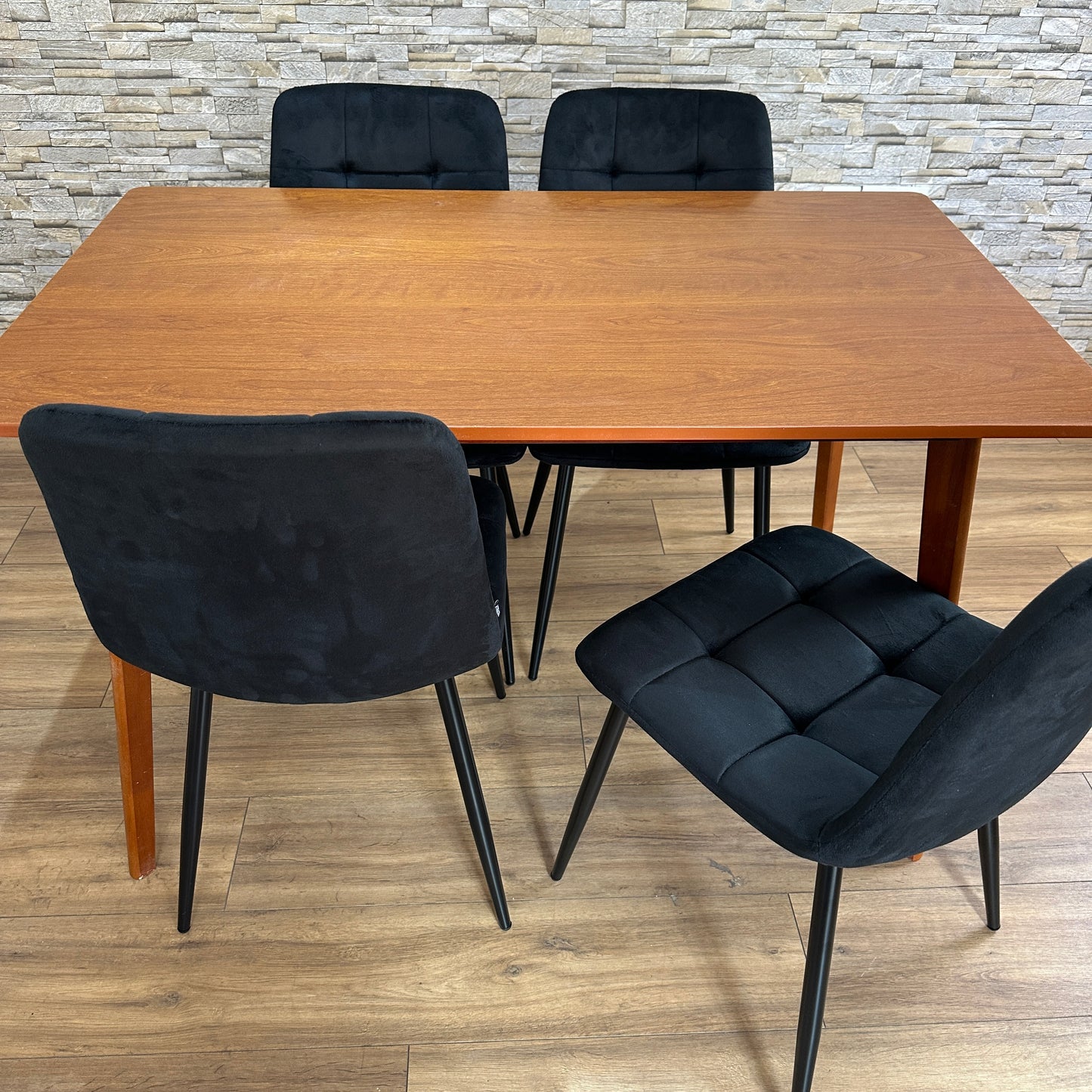 DOUBS Dining Table Set with 4 Black Velvet Chairs, Walnut Effect Table 5-Piece Set