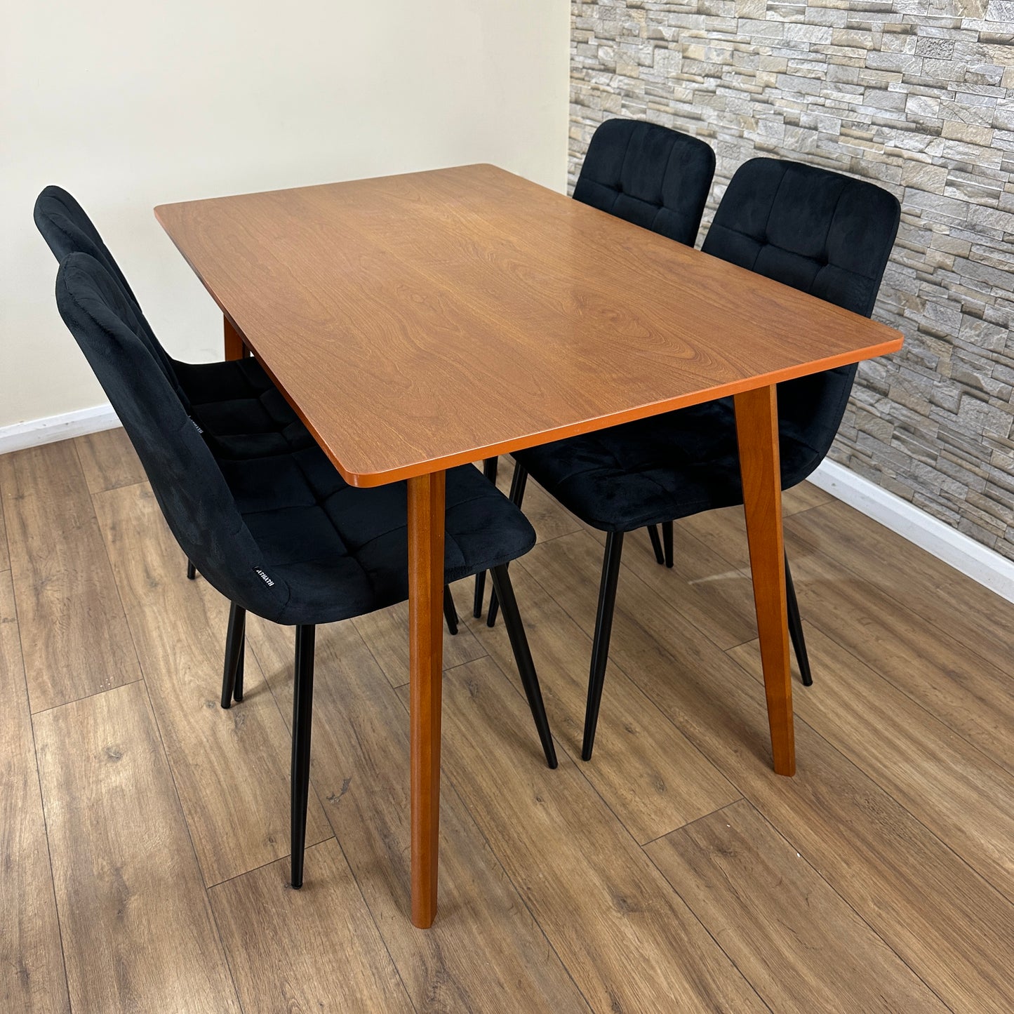 DOUBS Dining Table Set with 4 Black Velvet Chairs, Walnut Effect Table 5-Piece Set