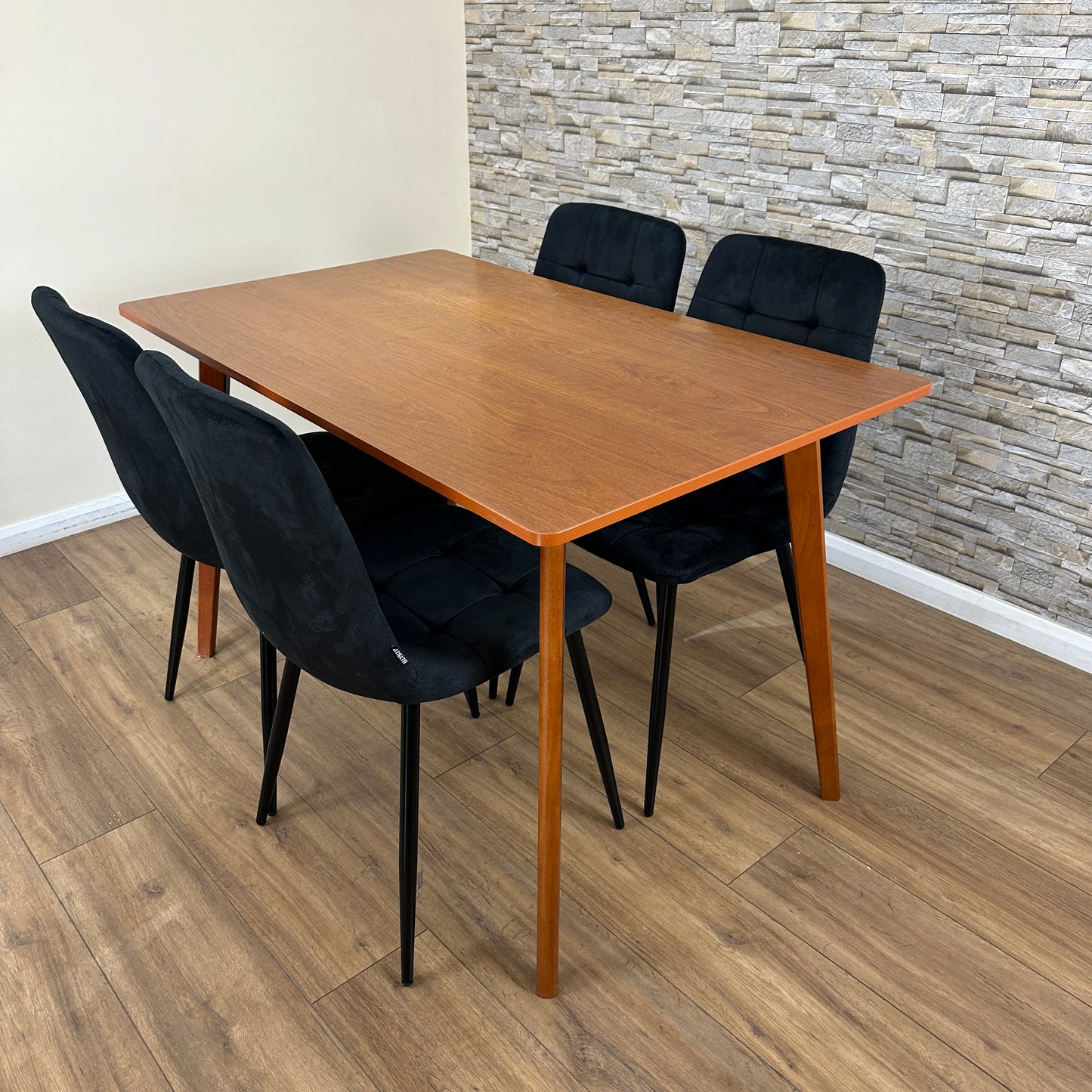 DOUBS Dining Table Set with 4 Black Velvet Chairs, Walnut Effect Table 5-Piece Set