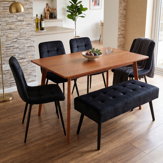 DOUBS Dining Table and Bench Set with 4 Black Velvet Chairs Walnut Effect Table