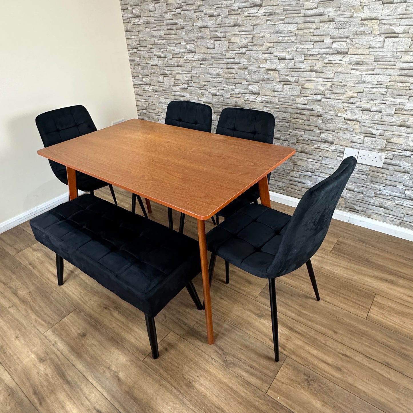 DOUBS Dining Table and Bench Set with 4 Black Velvet Chairs Walnut Effect Table