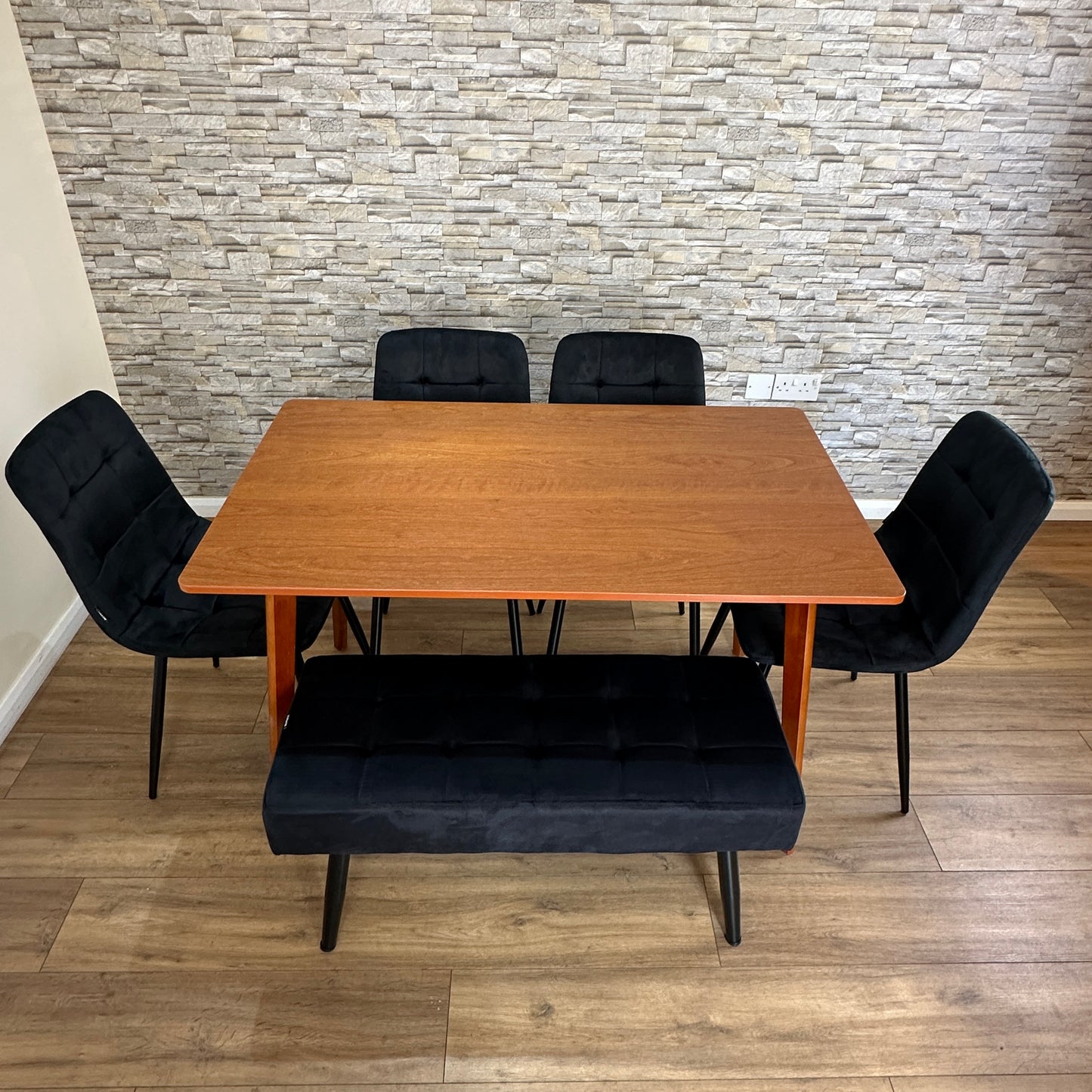 DOUBS Dining Table and Bench Set with 4 Black Velvet Chairs Walnut Effect Table