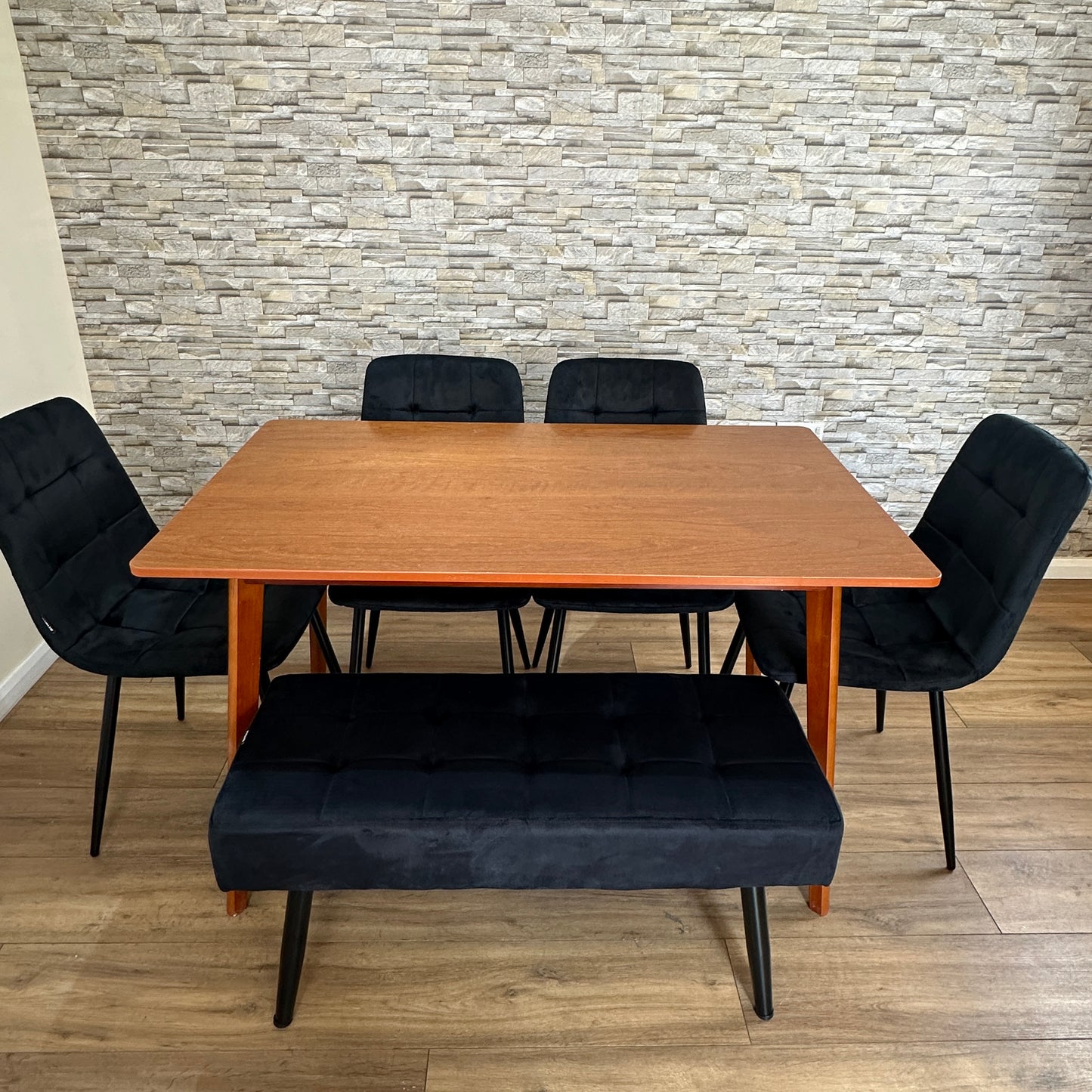 DOUBS Dining Table and Bench Set with 4 Black Velvet Chairs Walnut Effect Table