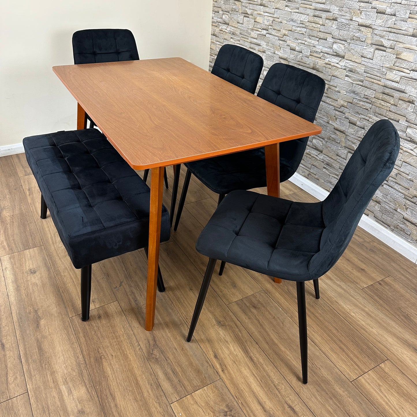 DOUBS Dining Table and Bench Set with 4 Black Velvet Chairs Walnut Effect Table
