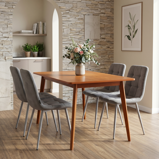 DOUBS Dining Table and 4 Grey Velvet Chairs Set Walnut Effect Design