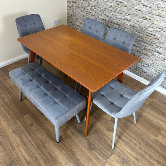 DOUBS Dining Table Set with 4 Grey Velvet Chairs and Bench Walnut Effect Table 6-Piece Set