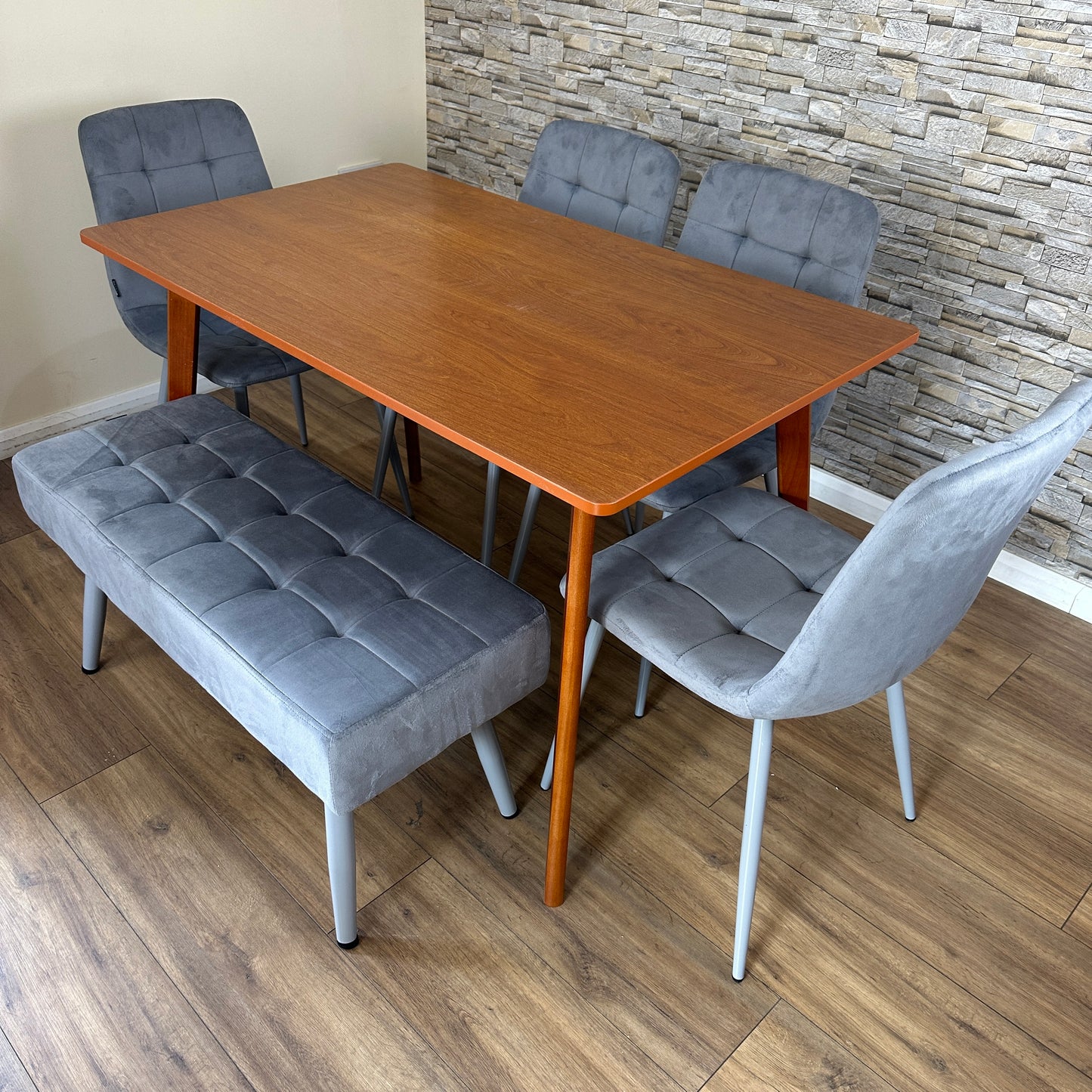 DOUBS Dining Table Set with 4 Grey Velvet Chairs and Bench Walnut Effect Table 6-Piece Set