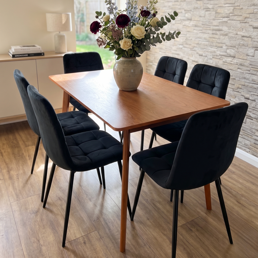 DOUBS Dining Table and 6 Black Velvet Chairs Set and Walnut Effect Table