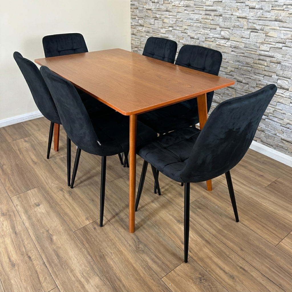 DOUBS Dining Table and 6 Black Velvet Chairs Set and Walnut Effect Table