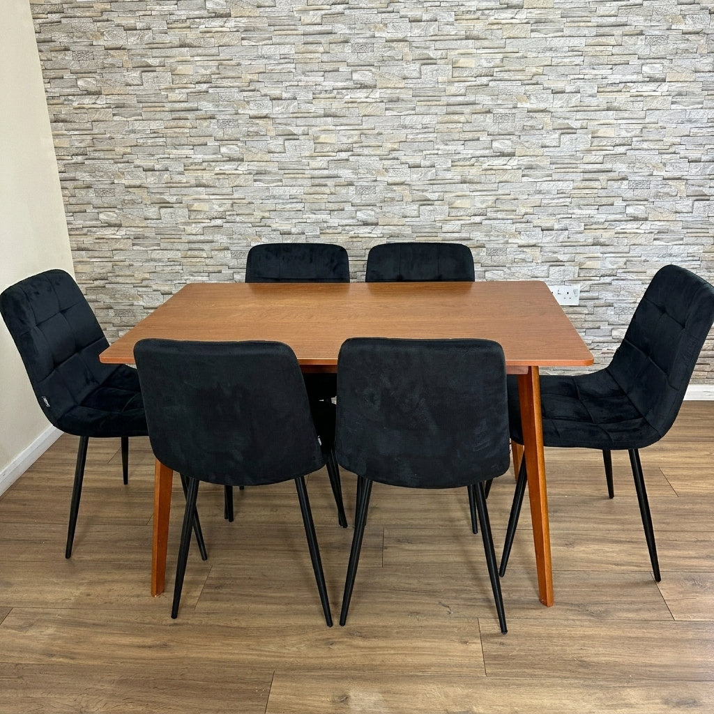 DOUBS Dining Table and 6 Black Velvet Chairs Set and Walnut Effect Table