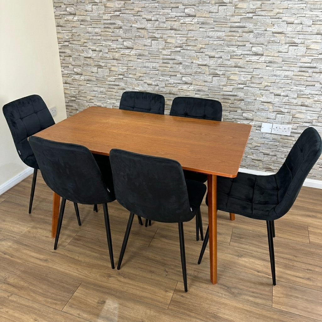 DOUBS Dining Table and 6 Black Velvet Chairs Set and Walnut Effect Table