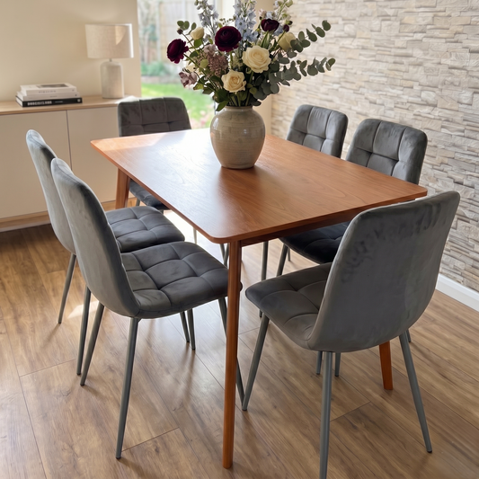 DOUBS Dining Table Set with 6 Tufted Grey Velvet Chairs Walnut Effect Table