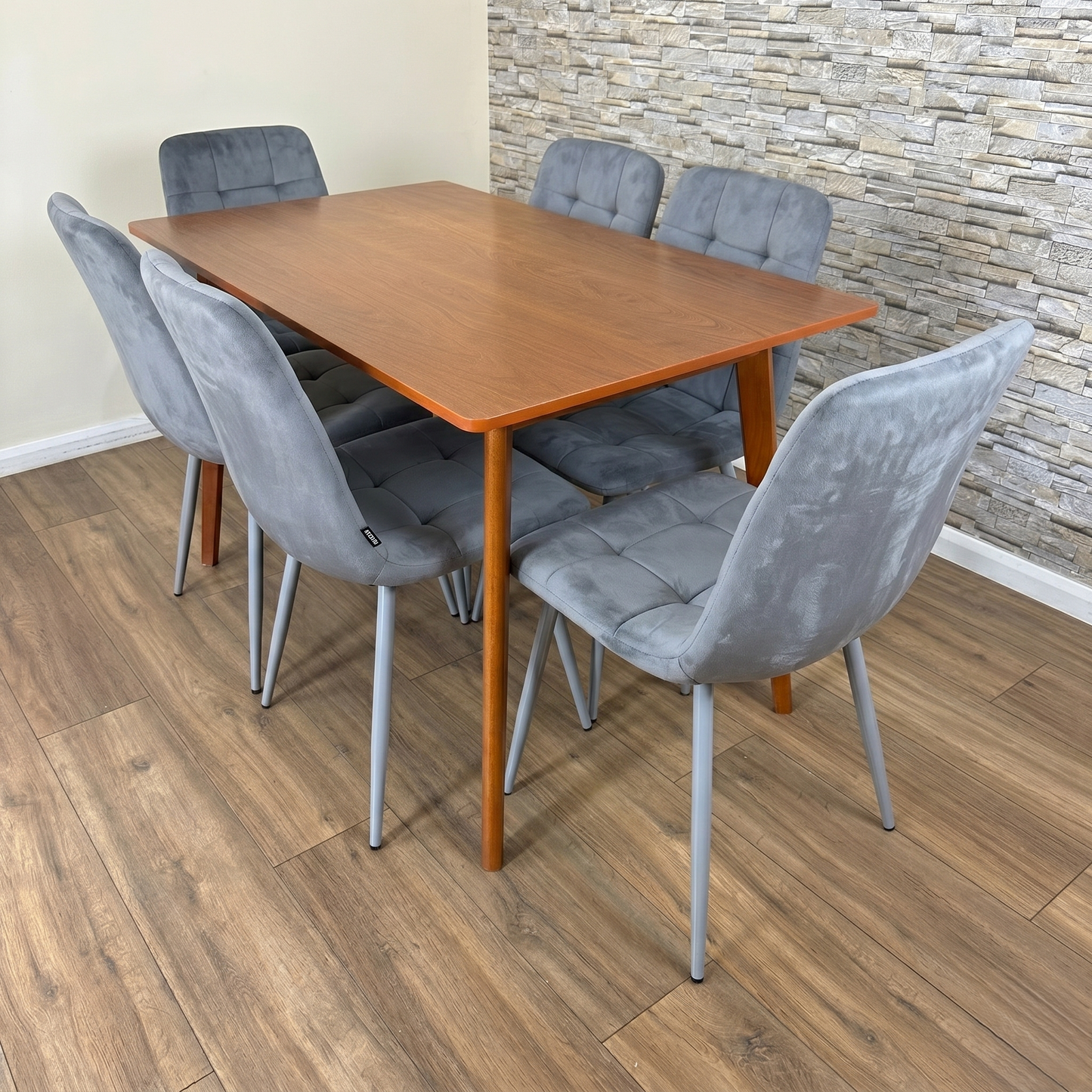 DOUBS Dining Table Set with 6 Tufted Grey Velvet Chairs Walnut Effect Table