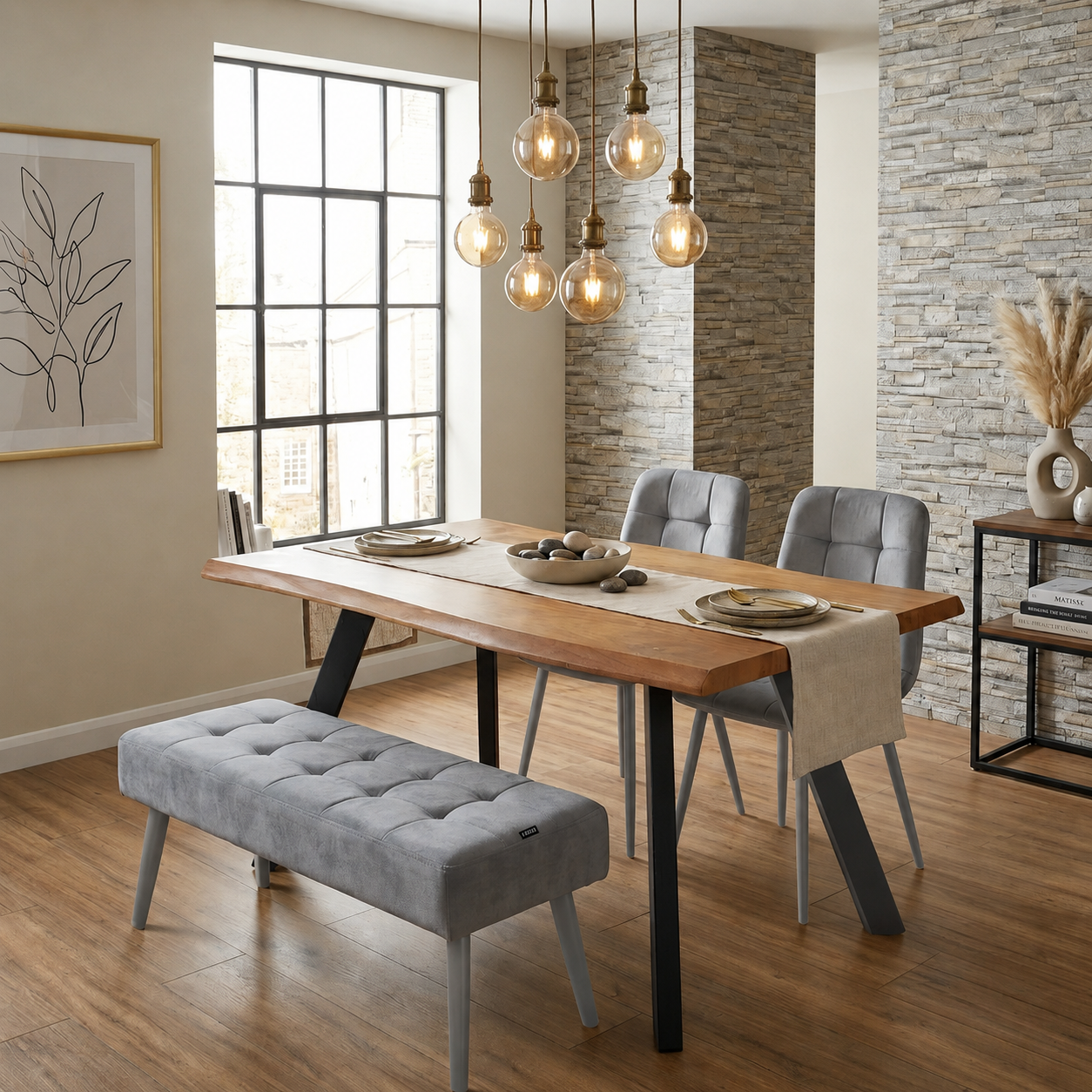 DOUBS  Dining Table with 2 Grey Velvet Chairs and 1 Bench Wooden Table Velvet seating