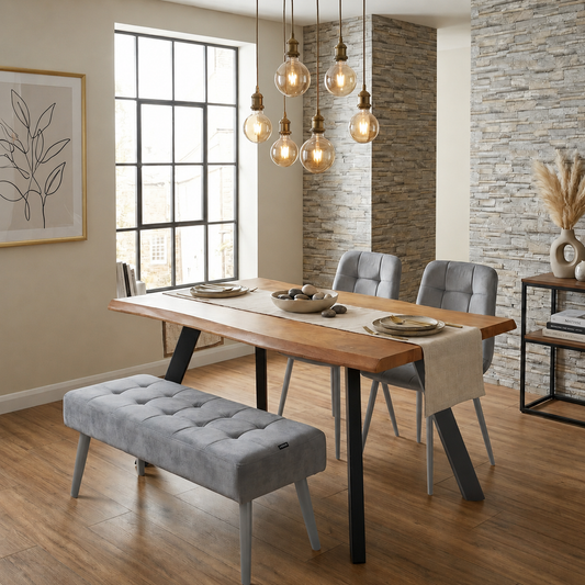 DOUBS  Dining Table with 2 Grey Velvet Chairs and 1 Bench Wooden Table Velvet seating