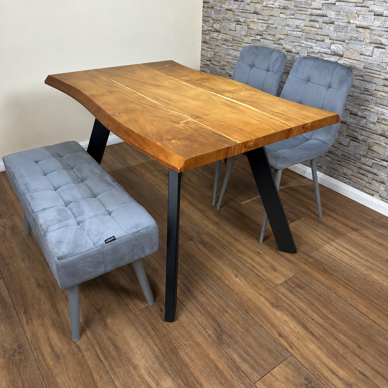 DOUBS  Dining Table with 2 Grey Velvet Chairs and 1 Bench Wooden Table Velvet seating