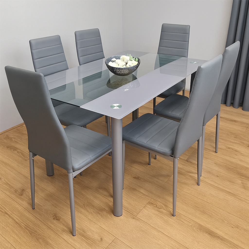 Dining Table and 6 Chairs Grey Clear Glass 6 Leather Grey Chairs Dining Room Furniture