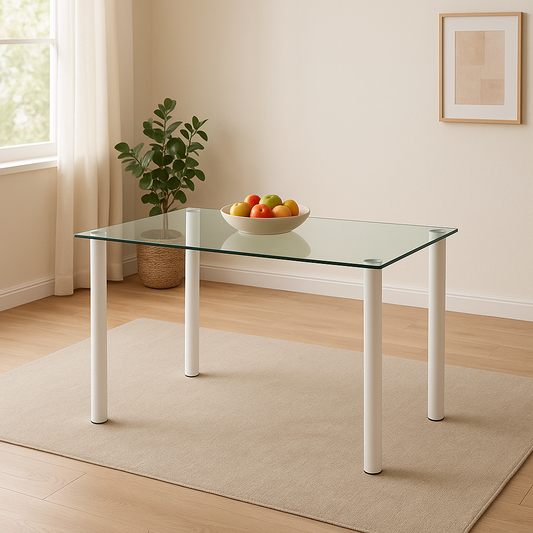 Clear Dining Table with White Metal Legs