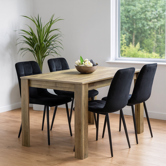 Dining Table and 4 Chairs Rustic Effect Wood Table 4 Black Velvet Chairs Dining Room