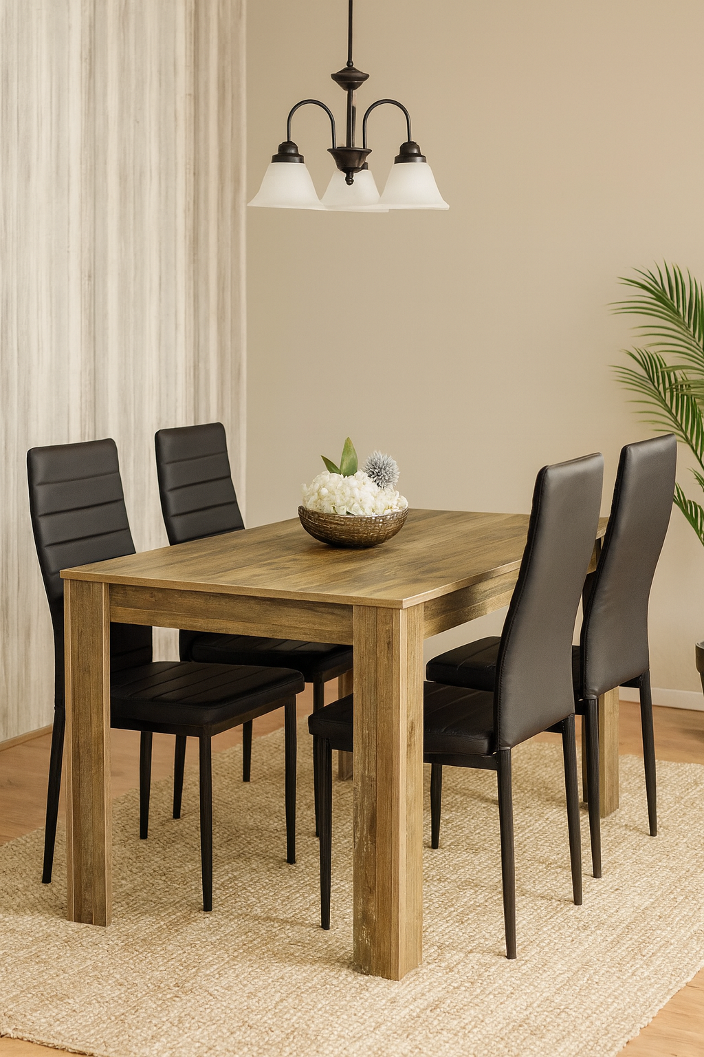 Dining Table and 4 Chairs Rustic Effect Wood Table 4 Black Leather Chairs Dining Room