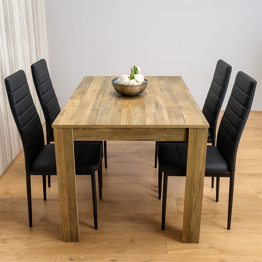 Dining Table and 4 Chairs Rustic Effect Wood Table 4 Black Leather Chairs Dining Room
