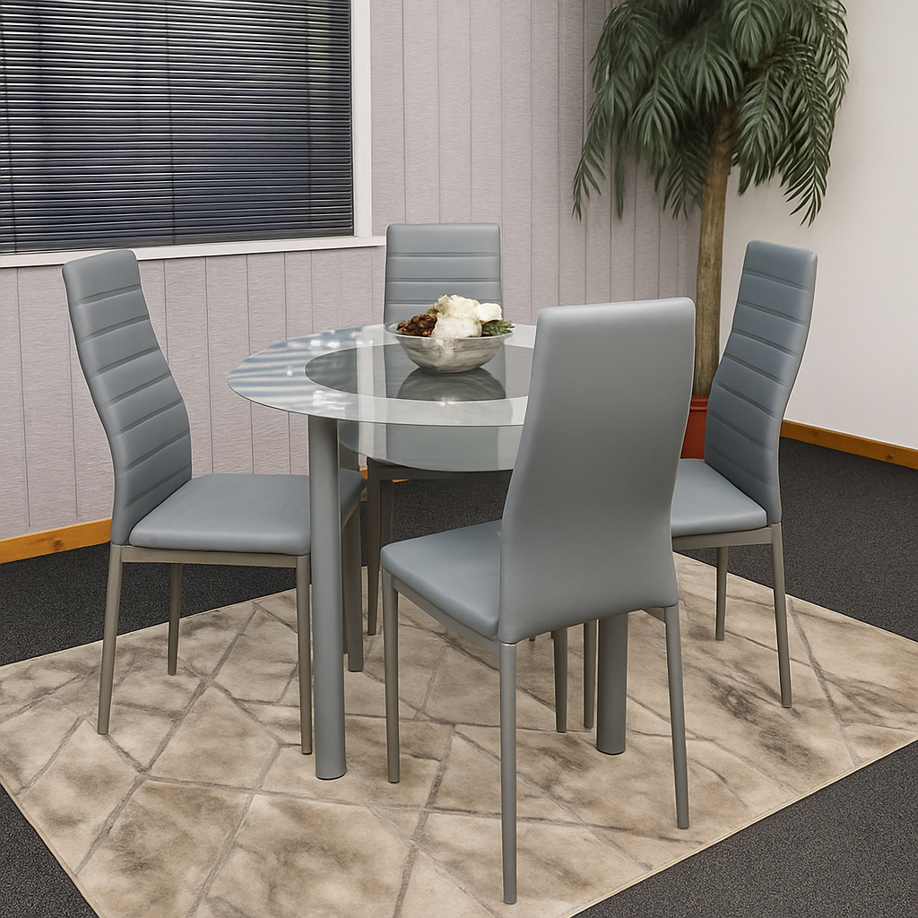 Dining Table and 4 Chairs Round Glass Grey  4 Grey  Leather Chairs Dining Room Furniture