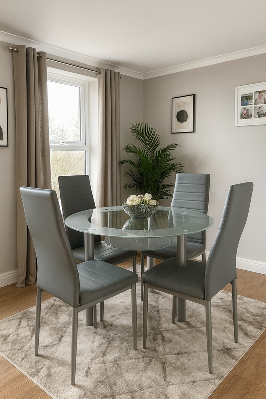 Dining Table and 4 Chairs Round Glass Grey  4 Grey  Leather Chairs Dining Room Furniture
