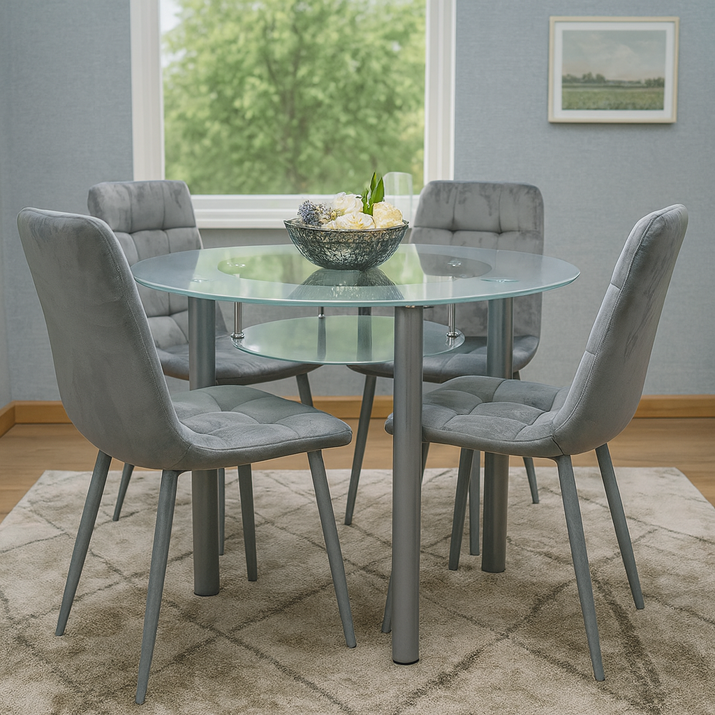 Dining Table and 4 Chairs Round Grey Glass  4 Grey Velvet Chairs Dining Room Furniture