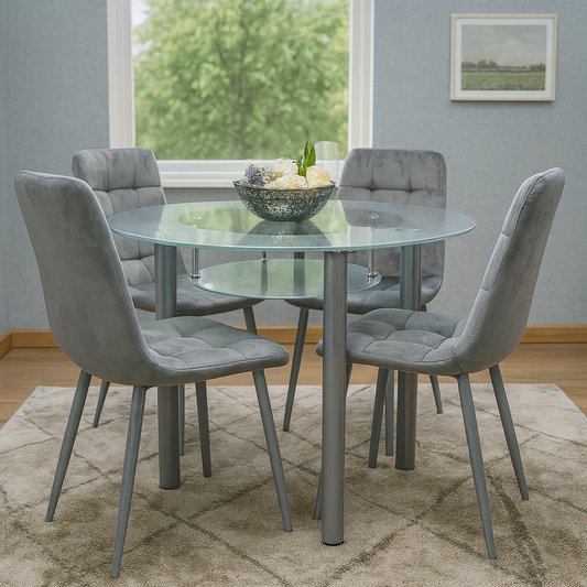 Dining Table and 4 Chairs Round Grey Glass  4 Grey Velvet Chairs Dining Room Furniture