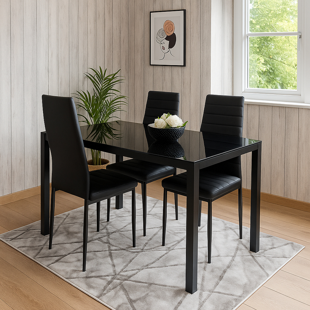 Dining Table and 4 Chairs Black Glass 4 Leather Chairs  Dining Room Furniture