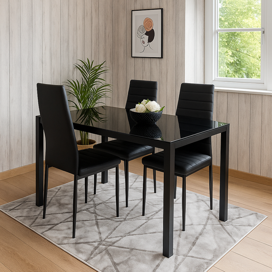Dining Table and 4 Chairs Black Glass 4 Leather Chairs  Dining Room Furniture